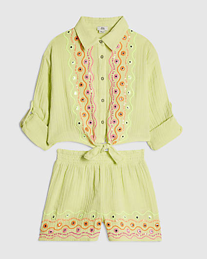 Girls Green Embroidered Shirt & Short Set