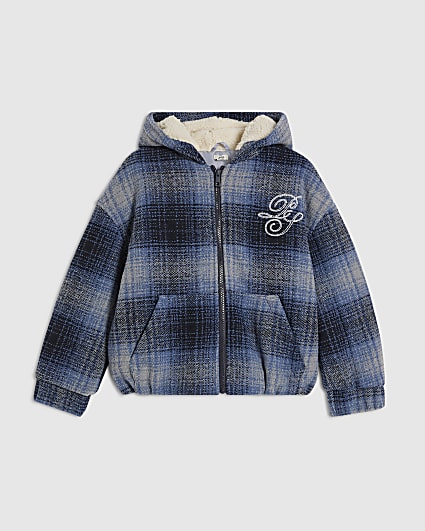 Boys Blue Check Borg Lined Hoodie