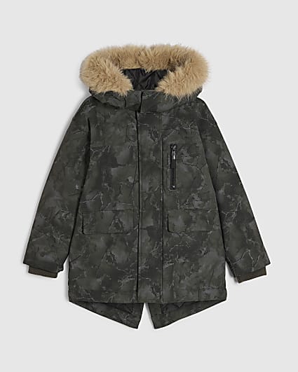 Boys Green Camo Faux Fur Hooded Parka Coat