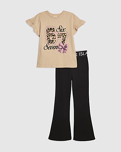 Girls Beige Leopard 67 T-Shirt Set