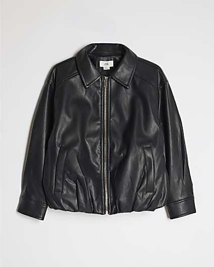 Girls Black Faux Leather Bubble Bomber Jacket