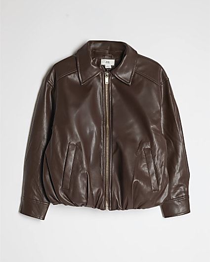 Girls Brown Faux Leather Bubble Bomber Jacket