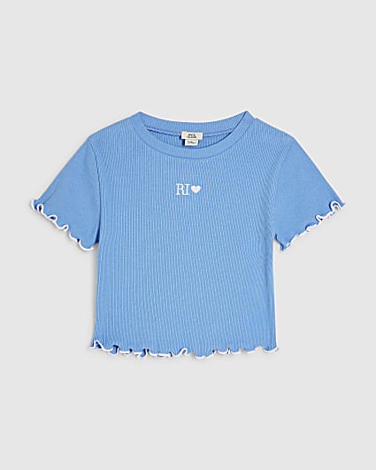 Girls Blue Lettuce Hem Crop T-Shirt