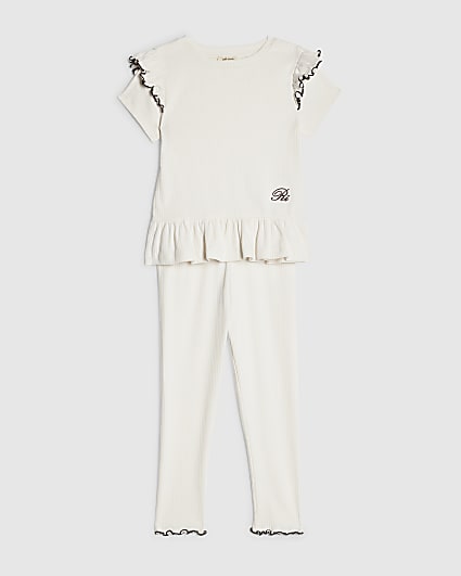 Mini Girls Cream Frilled Ribbed Top Set