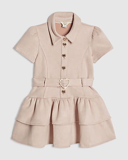 Mini Girls Pink Collared Faux Suedette Dress