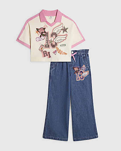 Girls Collegiate Polo Top and Jeans Set