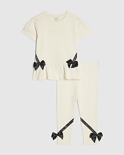 Mini Girls Cream Satin Bow T-Shirt Set