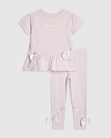Mini Girls Pink Satin Bow T-Shirt Set