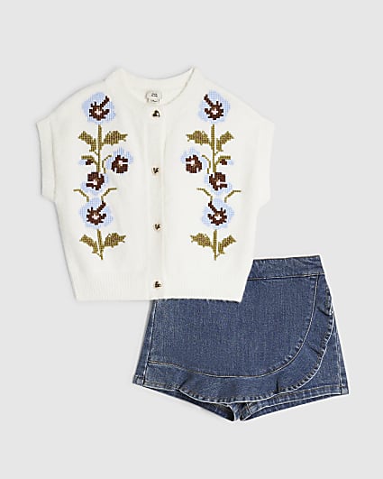 Girls White Knitted Flower Cardigan Set