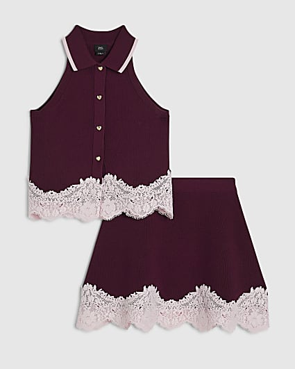 Girls Burgundy Lace Hem Polo Top Set