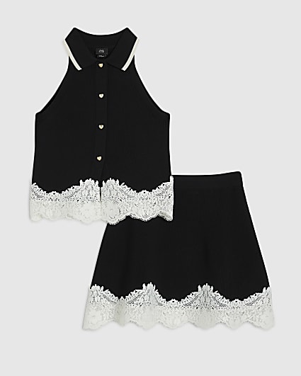 Girls Black Lace Hem Polo Top Set