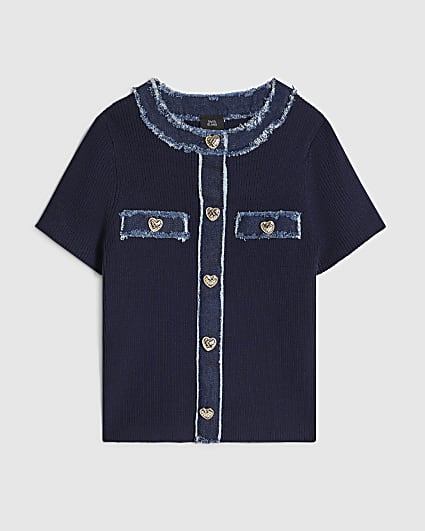 Girls Dark Blue Ribbed Knit Denim Top
