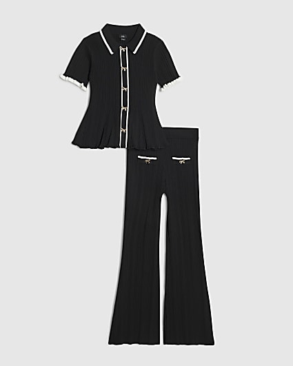Girls Black Knitted Peplum Top &Trouser Set
