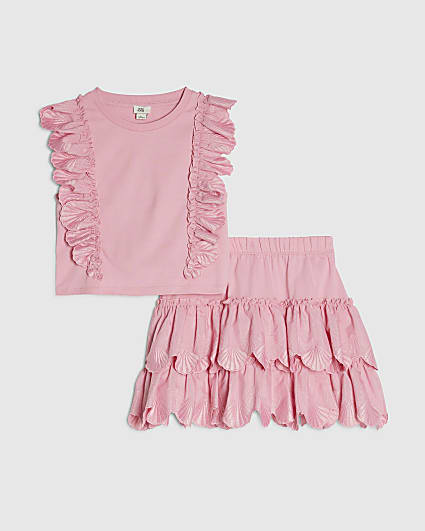 Girls Pink Sleeveless Top And Shell Skirt Set
