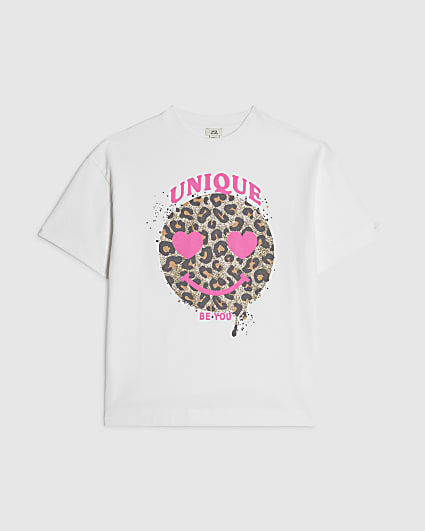 Girls White Leopard Smile T-Shirt