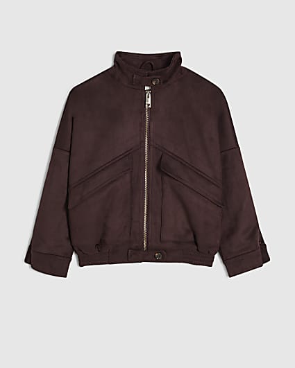 Girls Burgundy Faux Suede Bomber Jacket