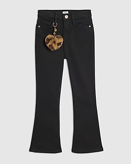 Girls Black Leopard Print Heart Flared Jeans