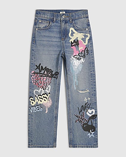 Girls Blue Amour Graffiti Straight Leg Jeans