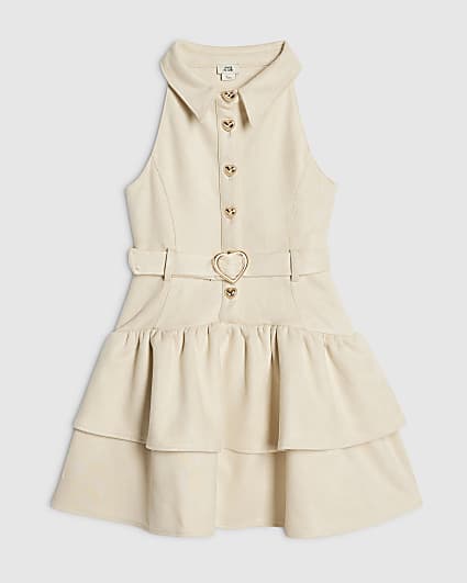 Girls Cream Collared Faux Suedette Dress