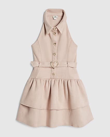 Girls Pink Collared Faux Suedette Dress