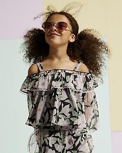 Girls Black Floral Cold Shoulder Top