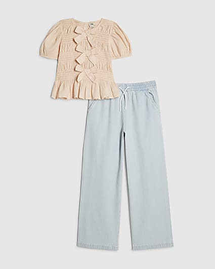 Girls Pink Bow Top & Jeans Set