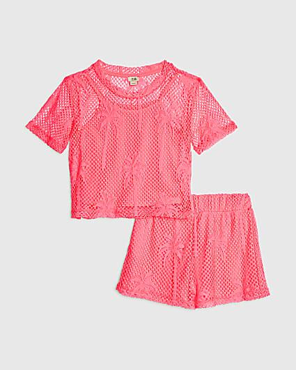 Girls Pink Neon Palm Mesh Shorts Set