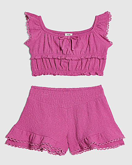 Girls Pink Frilled Shirred  Top & Shorts Set
