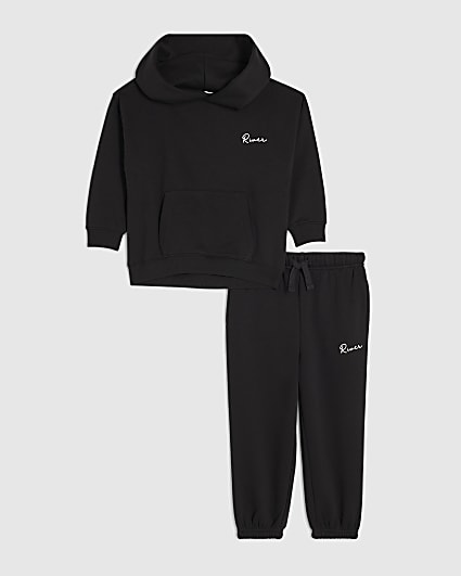 Mini Boys Black River Hoodie And Joggers Set