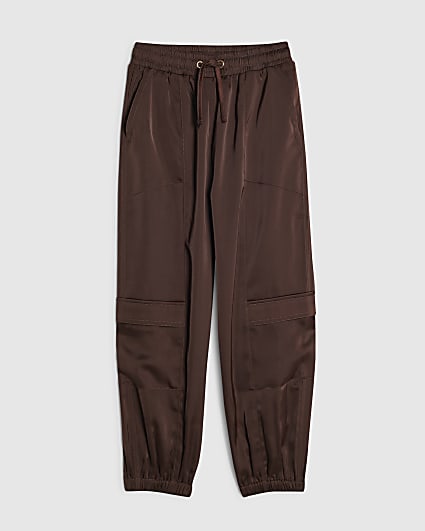 Girls Brown Satin Cargo Trousers