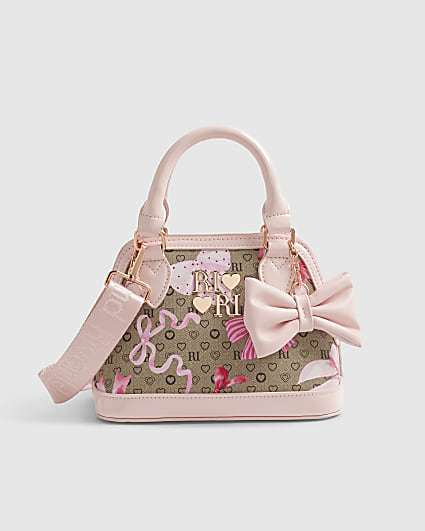 Girls Brown Bow Monogram Cross Body Bag