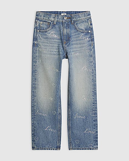 Girls Blue Scripty Straight Leg Jeans
