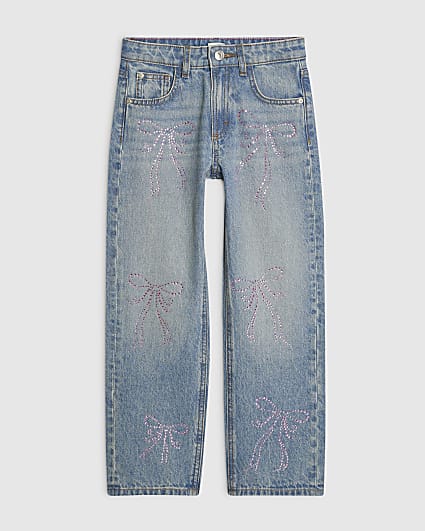 Girls Blue Embellished Bow Straight Leg Jeans