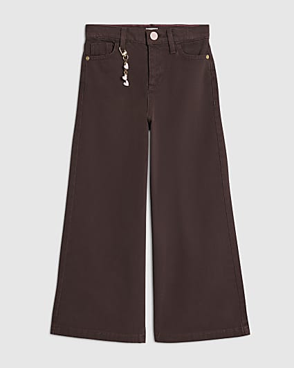 Girls Brown Heart Charm Wide Leg Jeans
