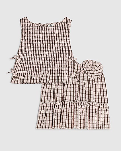 Girls Pink Check Rosette Top Set