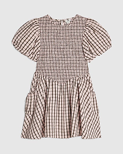 Girls Pink Check Puffy Short Sleeve Dress