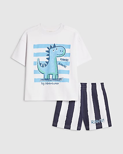 Mini Boys White Dino Striped T-Shirt Set