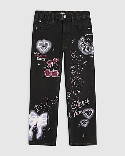Girls Black Angel Graffiti Straight Leg Jeans