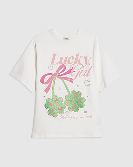 Girls White Lucky Girl T-Shirt