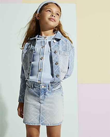 Girls Blue Denim Embellished Check Skirt