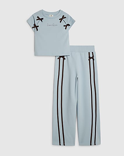 Girls Blue Bow T-Shirt Tracksuit Set