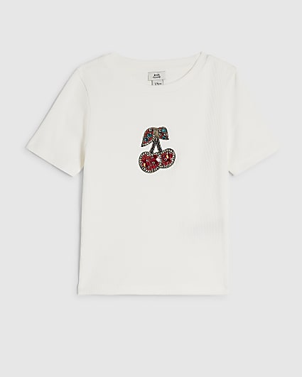 Girls White Ribbed Cherry Trim T-Shirt