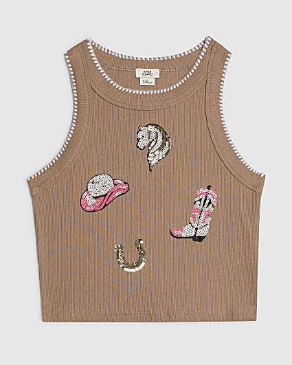 Girls Brown Embellished Cowboy Tank Top