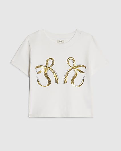 Girls White Sequin Bow T-Shirt