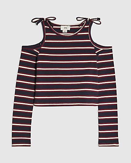 Girls Navy Stripe Cold Shoulder Top