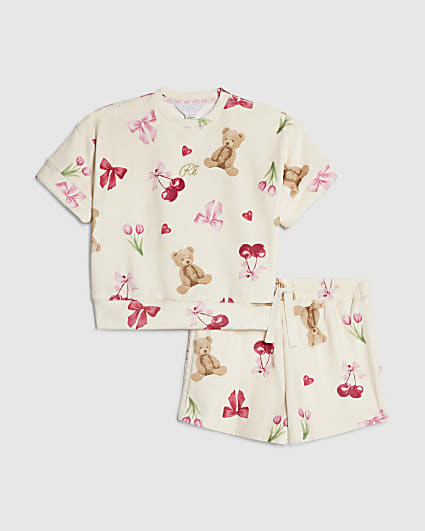 Girls Cream Velour Bear Print Pyjamas Set