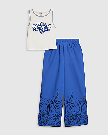 Girls Blue Laser Cut Trousers Set