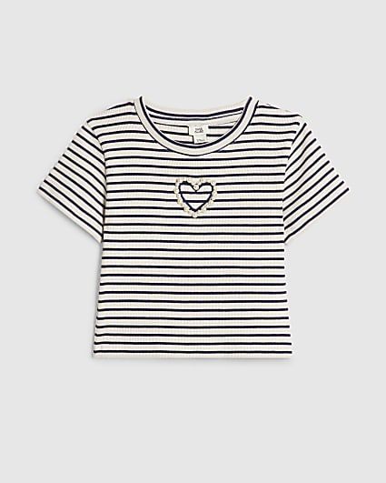 Girls Navy Stripe Pearl Heart T-Shirt