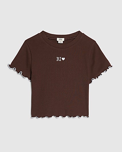 Girls Brown Lettuce Hem Crop T-Shirt
