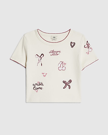 Girls White Sequin Embroidered T-Shirt